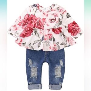 NWT CARETOO Girls Floral Ruffle Top & Jeans Set | Size 90 (Amazon size)